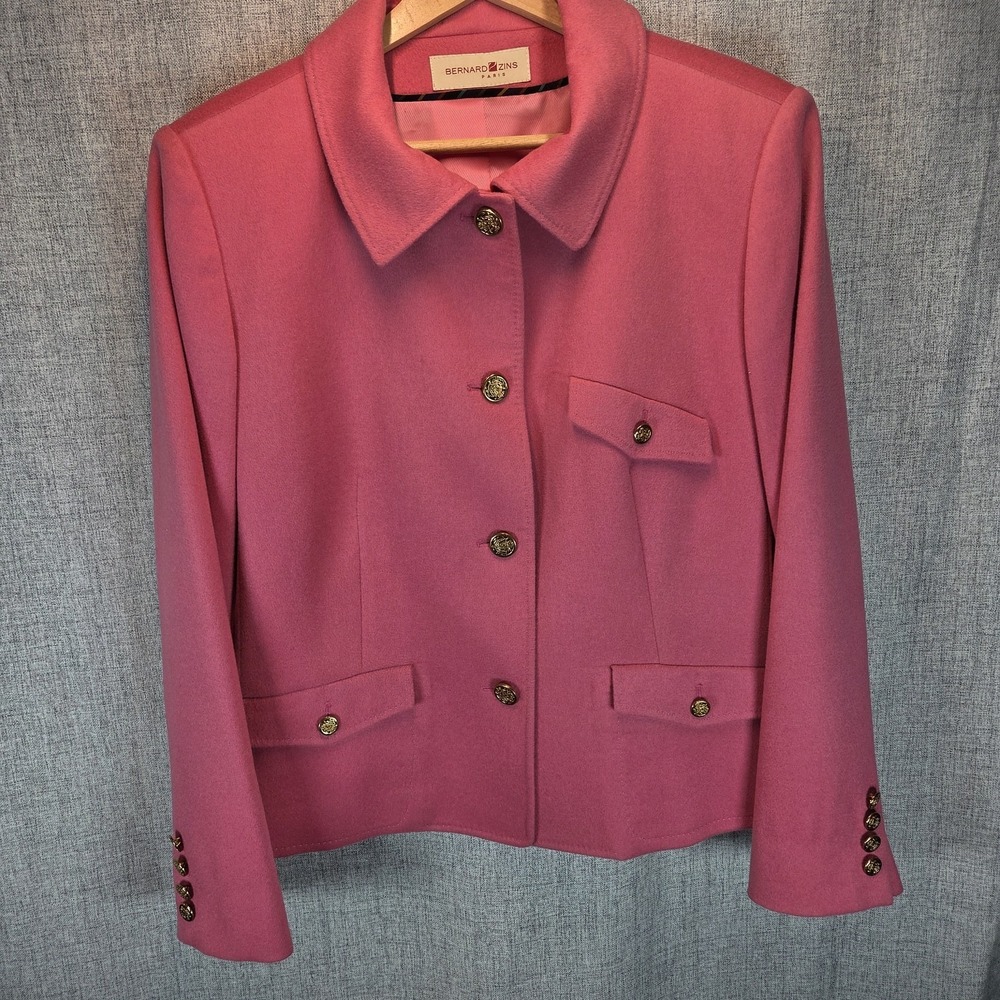 Bernard Zins Paris Angora Jacket Women 12‎ Pink Collared Pockets Luxury France